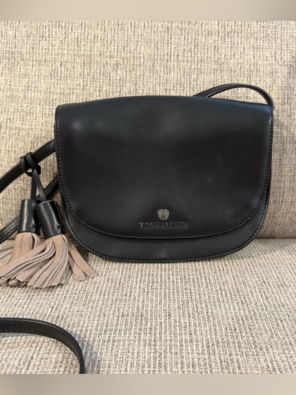 Vince Camuto Black Leather Saddle Crossbody with Suede Tassels